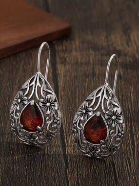 Ruby Vintage-Inspired Bohemian Filigree Earrings Hollowed Floral Design Teardrop